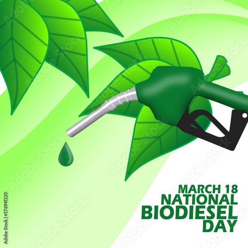 Gas station head lever with leaves and bold text on gradient background to commemorate National Biodiesel Day on March 18 photo