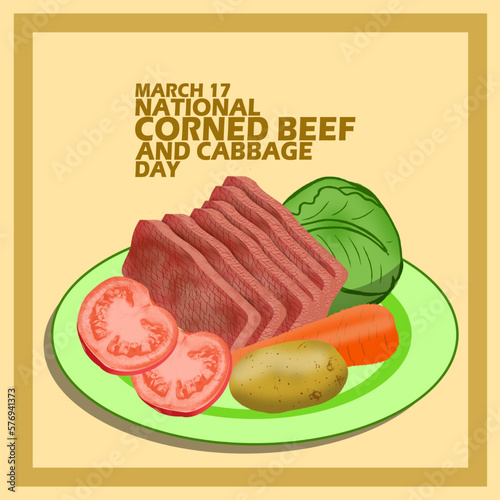 A plate of corned beef with cabbage, carrots, tomatoes and potato. With bold text in frame on light brown background to celebrate National Corned Beef and Cabbage Day on March 17