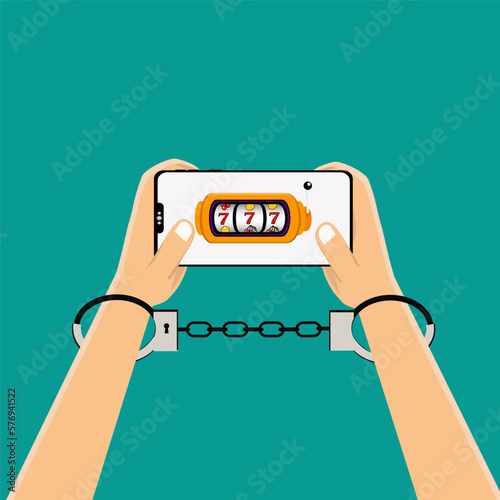 illustration of online gambling addiction, with handcuffed objects while playing online gambling on mobile phones, flat design vector