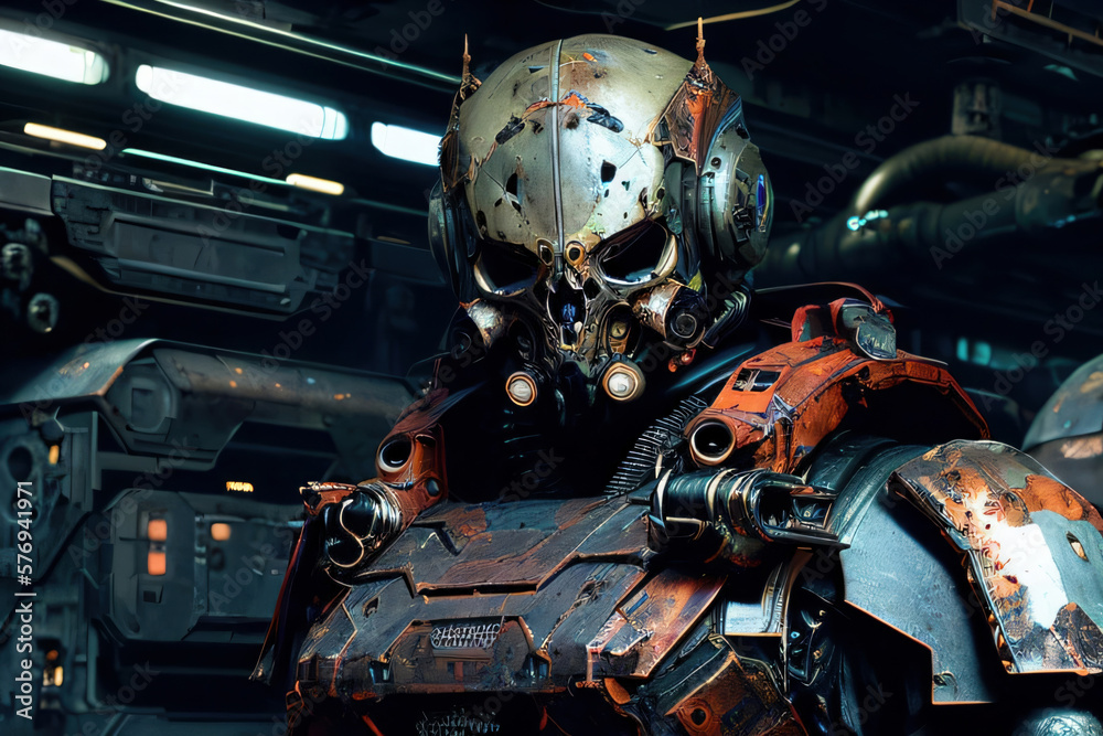 Fototapeta premium Rusty Worn Cyborg Robot In SCi-Fi Corridor High Tech Futuristic Generative AI Illustration