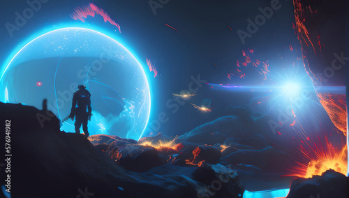 Sci-Fi Alien Landscape with Silhouette of an Astronaut Glowing Insects Bright Blues Sphere Generative AI illustration