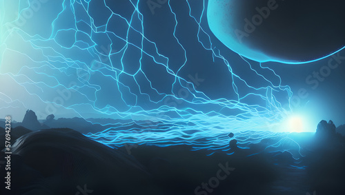 Alien Landscape with Wild Electrical Bolts Flowing Across Ground and Sky Generative AI illustration photo