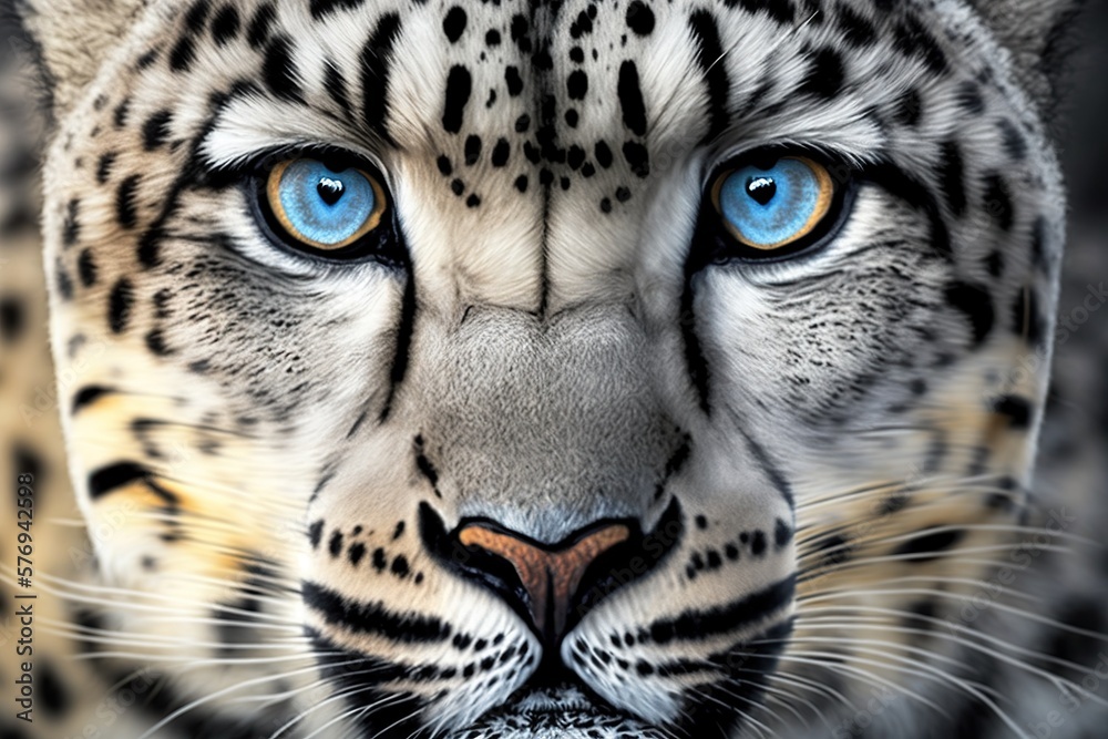 Naklejka premium snow leopards face with its piercing blue eyes and distinctive markings, concept of Whiskers and Fur Pattern, created with Generative AI technology