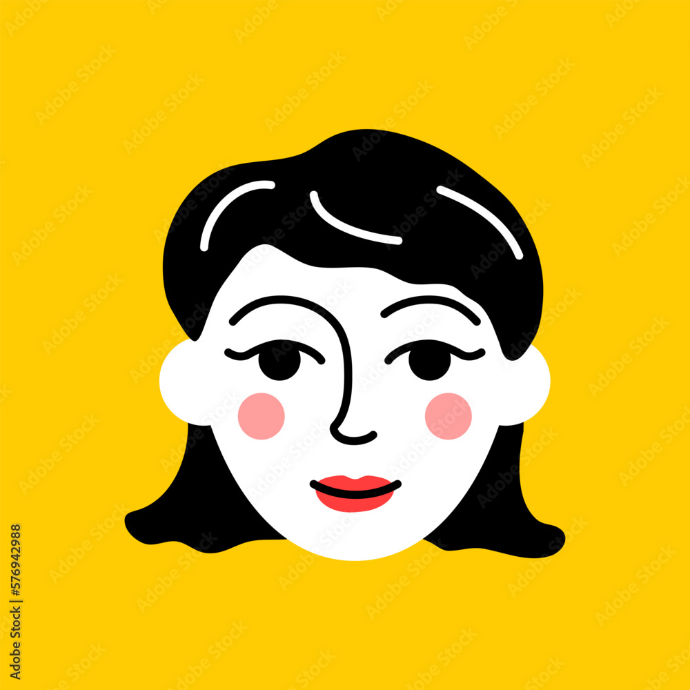 Fototapeta premium Cute girl avatar. Teenage girl face portrait with positive facial expression hand drawn doodle sketch vector illustration