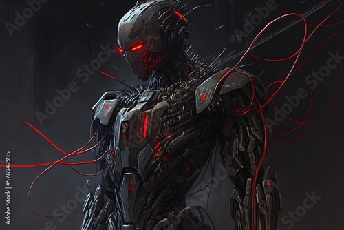 A pilotless black robot adorned in red accents and wires,. Generative AI photo