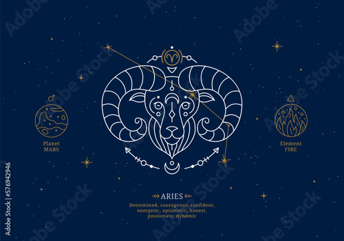 Aries zodiac sign with description of personal features. Astrology horoscope card with zodiac constellation on dark blue sky thin line vector illustration