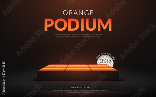 Empty stage podium with orange neon light on black background. Vector illustration