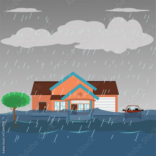 illustration of a flood disaster hitting, flooded houses and cars, flat design vector