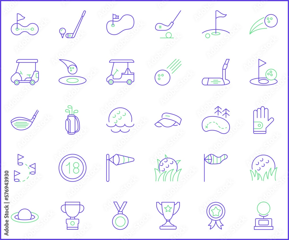Simple Set of golf Related Vector Line Icons.Vector collection of sport, ball, field, stick, glove, cart, umbrella, flag and design elements symbols or logo element. Simple Set of golf Related Vector Line Icons.Vector collection of sport, ball, field, stick, glove, cart, umbrella, flag and design elements symbols or logo element.