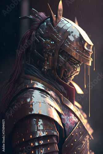 Samurai in cyber armor, epic sceen, dark background