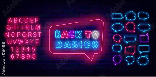 Back to basics neon label. Speech bubble frames set. Event poster template with frame. Vector stock illustration