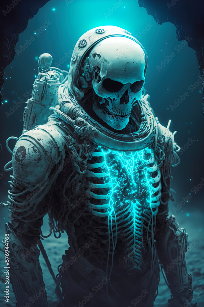 Fototapeta premium Firefly bacteria ghostly glow armour spacesuit with grinning death skull on the surface of Europa AI-Generated