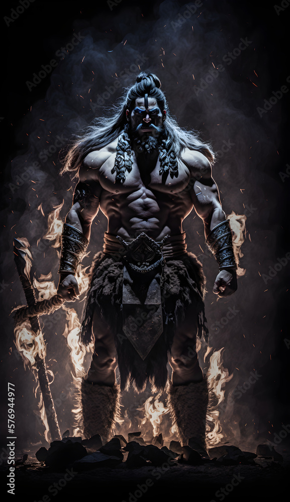 Male barbarian epic sceen with dark background Male barbarian epic sceen with dark background