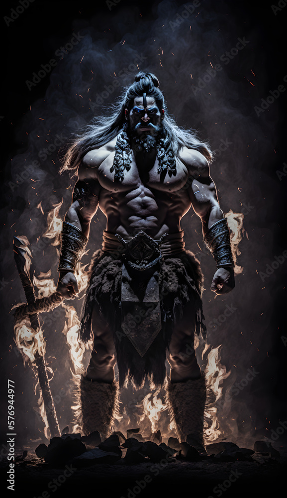 Male barbarian epic sceen with dark background