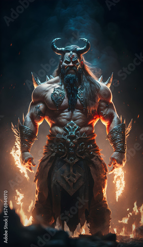 Male barbarian epic sceen with dark background photo