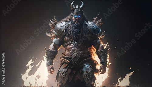 Male barbarian epic sceen with dark background