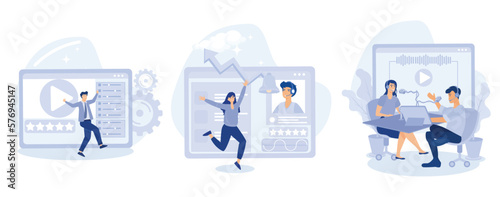 Media and tv content concept, Content rating, viral content, podcast creation, games and apps, video production, engaging marketing, entertainment, set flat vector modern illustration