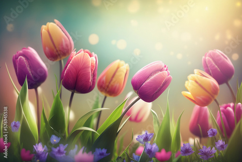 Easter celbration background with colorful tulips on the table and easter eggs  AI generated