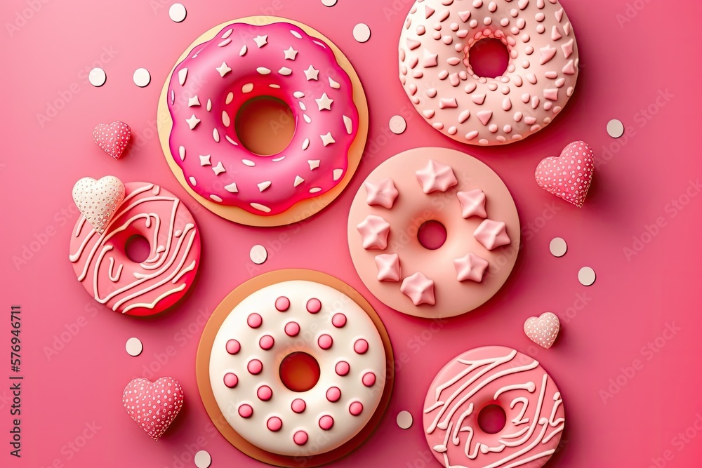 Donuts decorated for Valentine's Day sit atop a pink background and are viewed from above. Generative AI Donuts decorated for Valentine's Day sit atop a pink background and are viewed from above. Generative AI