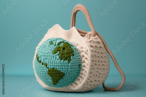 On a neutral background, a crocheted bag holds a globe of the world. To live a waste free, environmentally responsible lifestyle. Earth Day Pls Help Save the Earth!. Generative AI