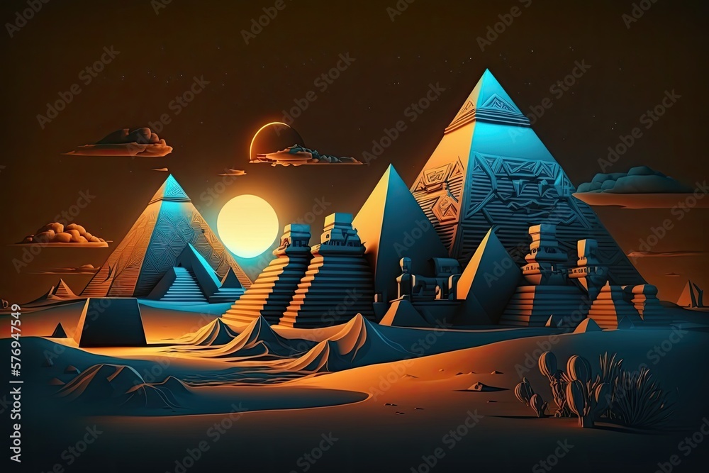 Saharan sands dotted with the ancient Egyptian landmarks. The pyramids ...