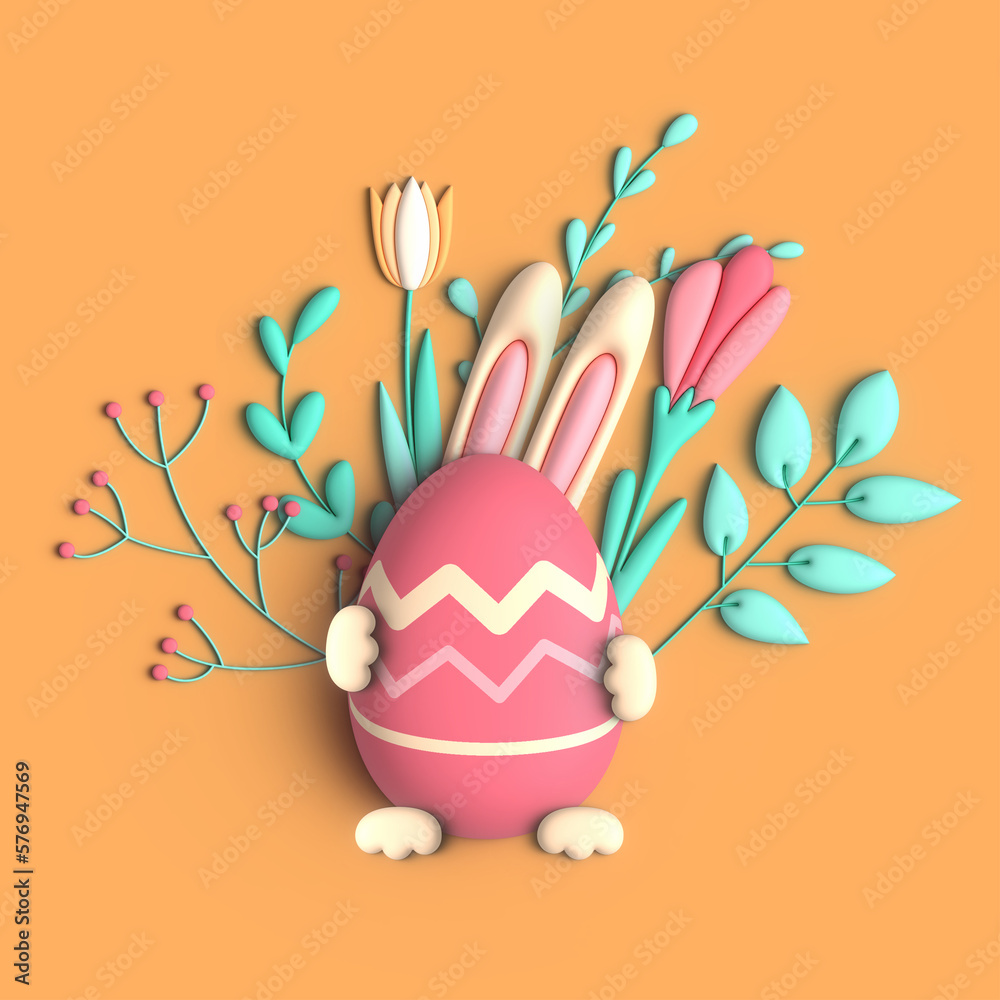 Happy Easter greeting card, with bunny, eggs and flowers on yellow background, 3D trendy render photo