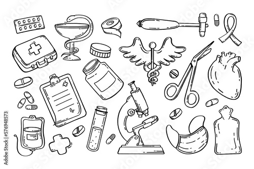 Medical pharmaceutical hospital device set of drawings. Vector illustration of medical equipment, hand drawn
