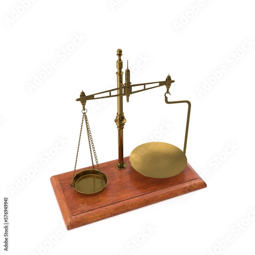 Gold brass Antique balance Scale isolated on white background. 3d render illustration