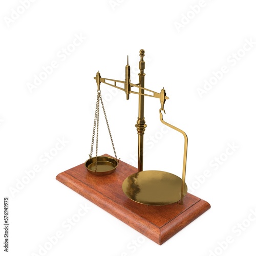 Gold brass Antique balance Scale isolated on white background. 3d render illustration photo