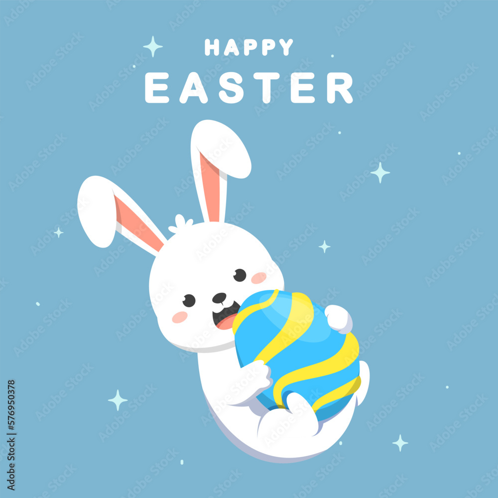 Happy Easter banner, poster, greeting card. Cute easter design with bunny hugging an egg, and typography in cartoon style Happy Easter banner, poster, greeting card. Cute easter design with bunny hugging an egg, and typography in cartoon style