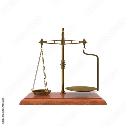 Gold brass Antique balance Scale isolated on white background. 3d render illustration