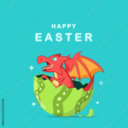 Happy Easter banner, poster, greeting card. Cute easter design with baby dragon, hatched egg, typography, and wings in cartoon style