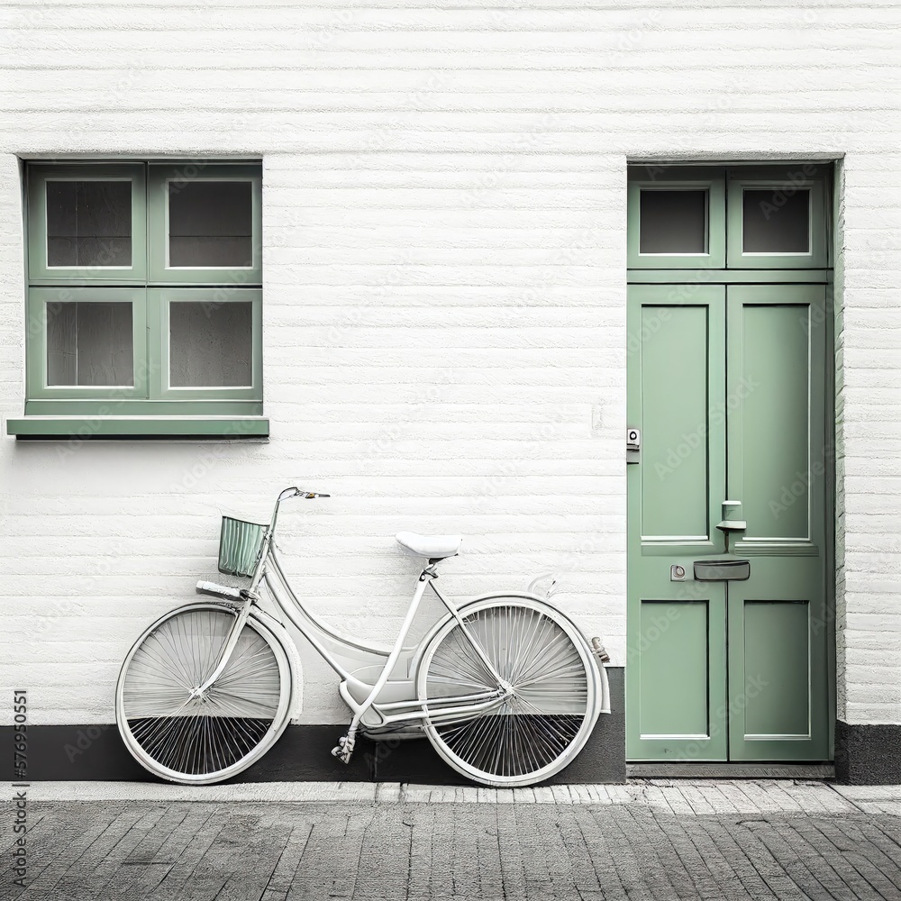 Bicycle: white, wall, building, green, door, window, street, outdoor, brick, city, old, empty, blank, nobody, no people, photorealistic, illustration, Gen. AI