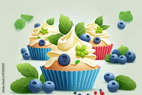 Lovely lemon vanilla cupcakes topped with cream cheese icing and garnished with blueberries and green foliage. Sweet treat made in the home, and it's delicious. Bakery decorated for a holiday. The bac