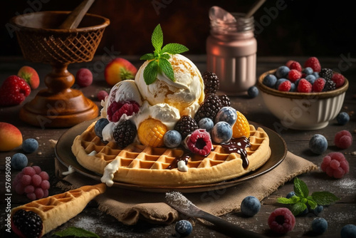 Waffle with fruits and ice cream generative AI