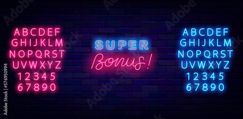 Super bonus neon inscription with lettering. Simple typography. Luminous blue and pink alphabet. Vector illustration