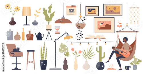 Home decor collection with interior design elements set tiny person concept, transparent background. Stylish and cozy indoor decoration items with furniture, plants.