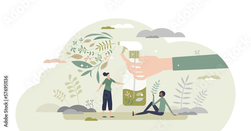 Natural cleaning and ecological hygiene products using tiny person concept, transparent background. Eco friendly and green spray for clean and fresh house illustration.