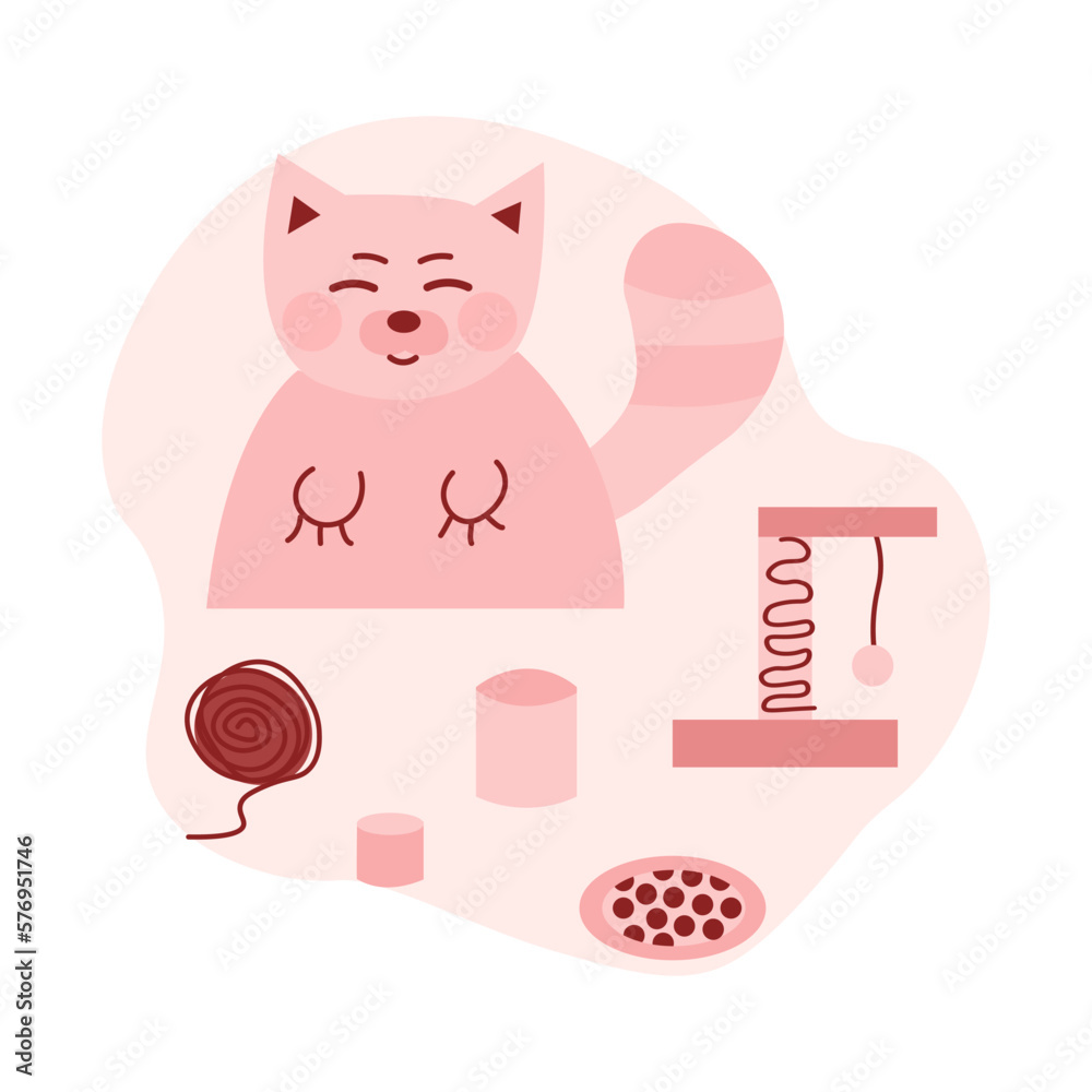 Pink cat illustration set with toys and plates. Cat playing and living room. Pink cat illustration set with toys and plates. Cat playing and living room.