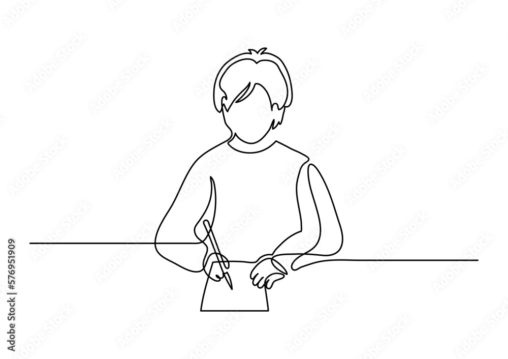 Man writes on the paper. Writer, or student at work. Continuous line drawing.