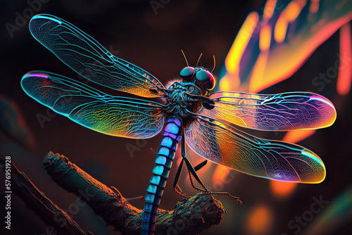 Dragonfly in neon colors. Generative AI. © YULIYA