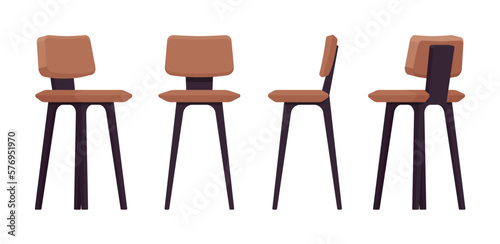 Bar stool tall chair furniture brown set, wood height barstool. Cafe, restaurant comfort seat, living room, kitchen interior. Vector flat style cartoon home, office articles isolated, white background