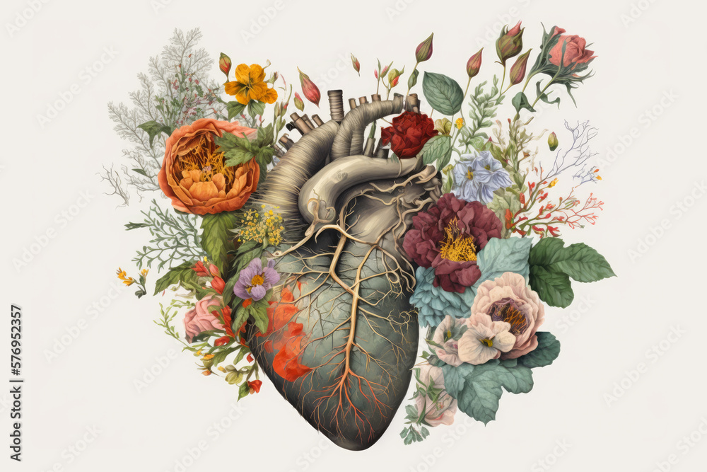 Bouquet of flowers in the shape of human heart, vintage illustration. Generative AI