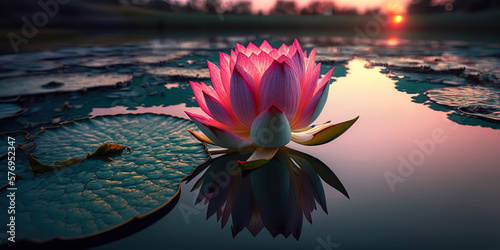 pink lotus flower in the middle of a pond with cyan water Warm lighting. AI-Generated