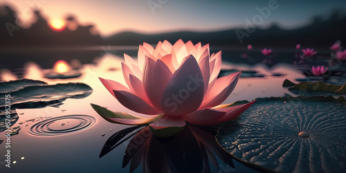pink lotus flower in the middle of a pond with cyan water Warm lighting. AI-Generated photo