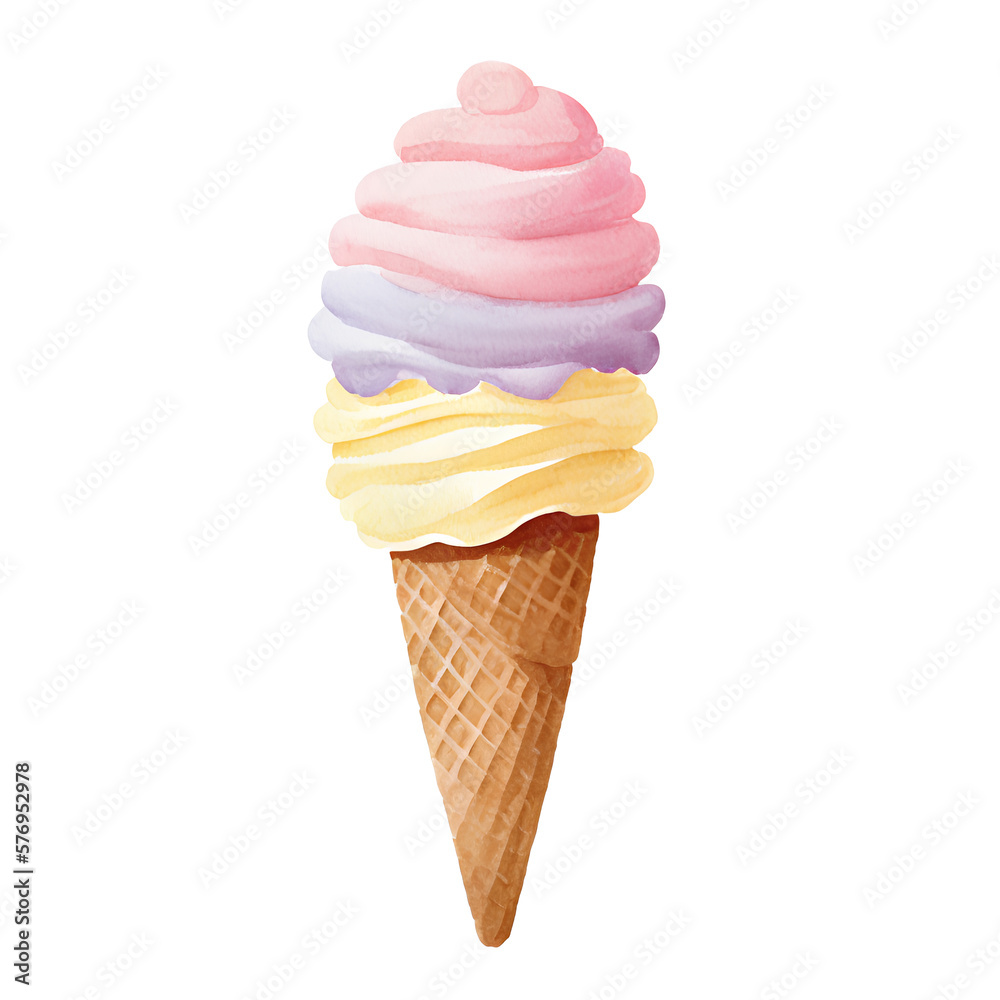 watercolor ice cream in waffle cone isolated on white background. Hand drawn illustration. generative ai
