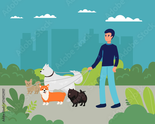 dog walking. Walks a lot of dogs down the street Dog walkers. Vector flat illustration