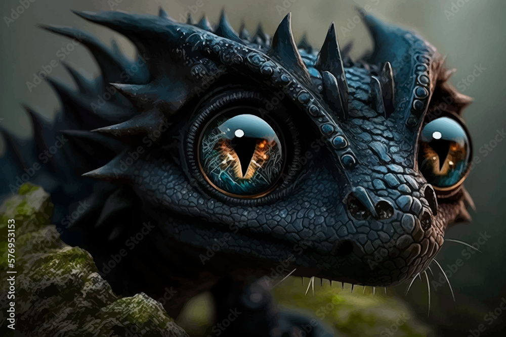 Small dragon with big eyes. Fantasy monster. 3d illustration. Close-up.