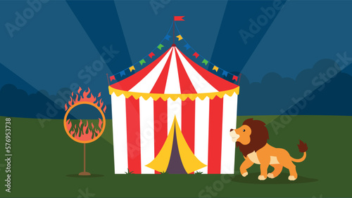 Circus vector illustration in flat design style. Lion and circus tent.