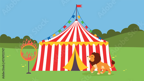 Circus tent with lion. Vector illustration in flat cartoon style.